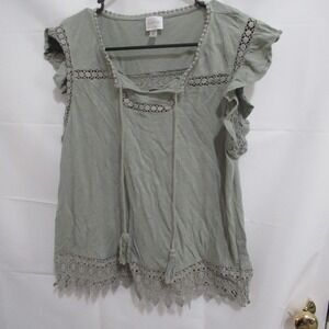 Cupio Crochet Lace Trim Blouse Womens Large Sage Green Boho Linen Blend